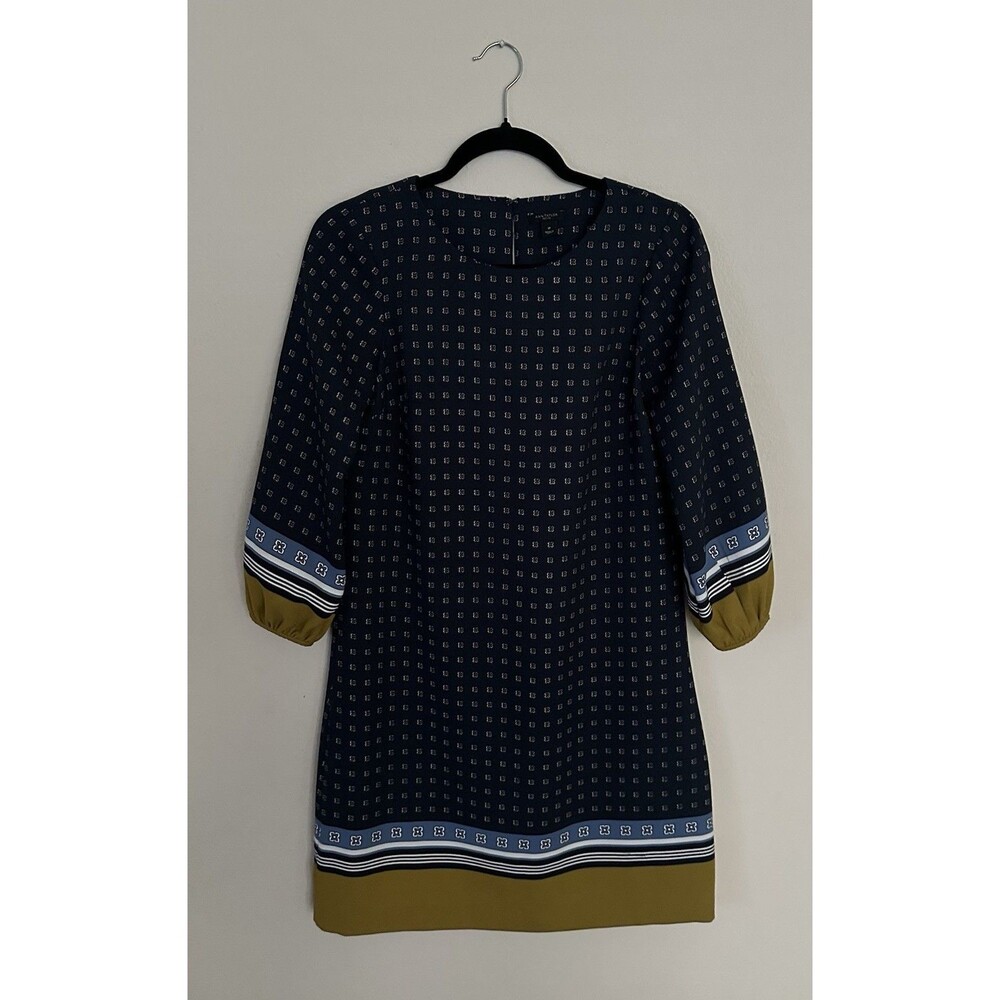 Ann Taylor Dress Size 0P Blue Shift Geo Floral  Print  Contrast Hem Career Women - Picture 6 of 15